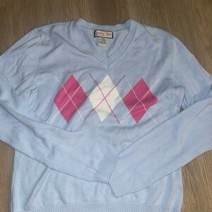 Y2K preppy soft girl Sky Blue V-Neck Sweater with Pink &‎ White Argyle